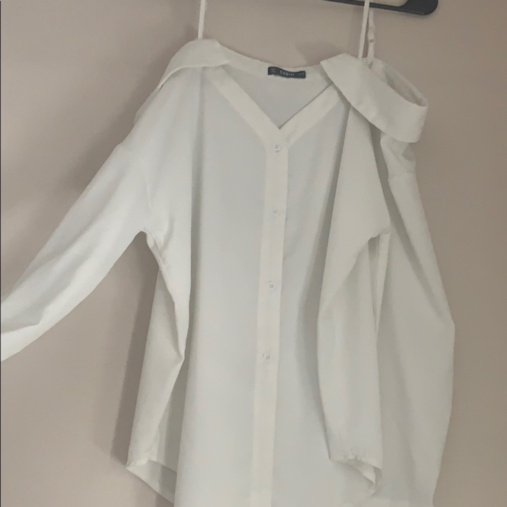 Off the shoulder white button up